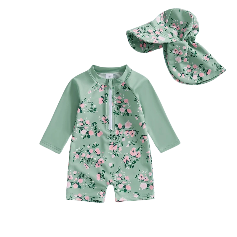Maillot de Bain Bébé Fille avec Casquette - Rosée Verte