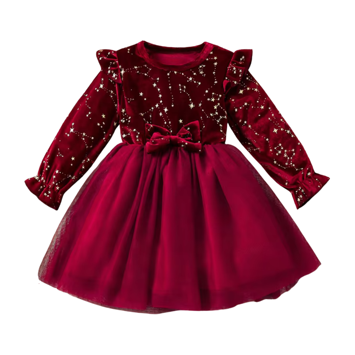 Robe de Noël Fille en Velours à Étoiles Dorées et Tulle – 1-8 ans