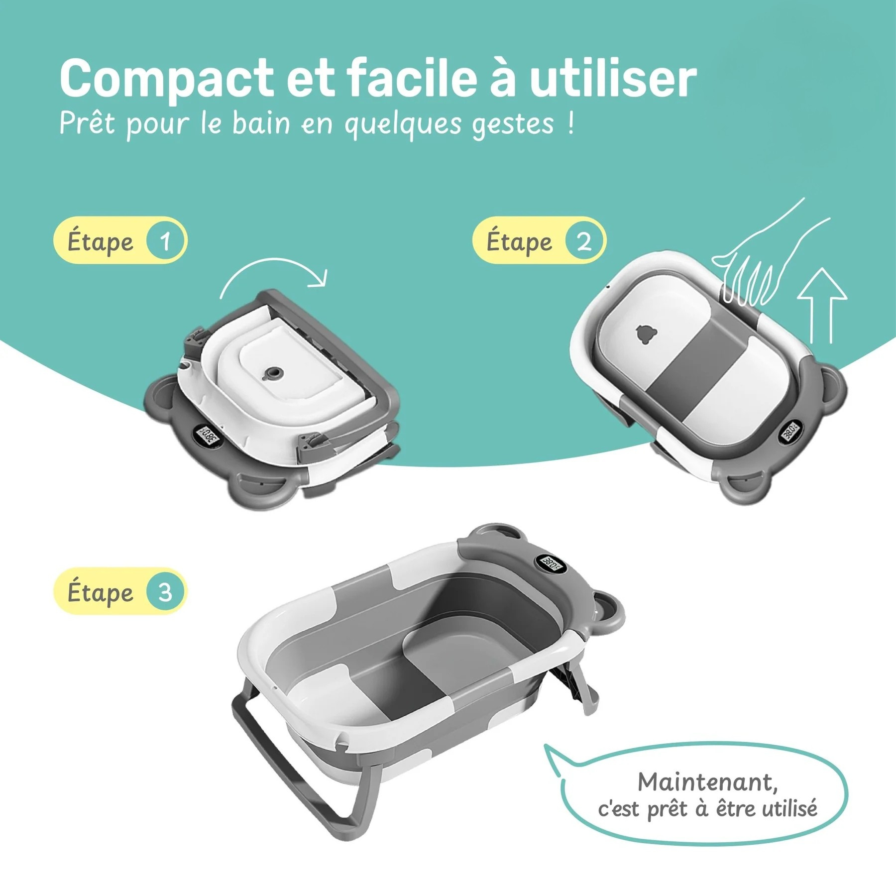 Baignoire Bébé Pliable avec Coussin et Thermomètre