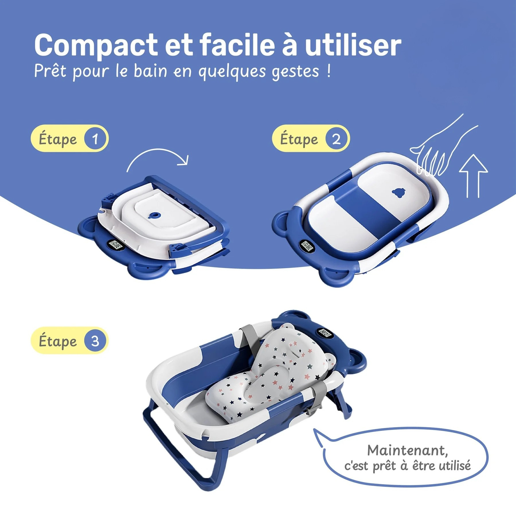 Baignoire Bébé Pliable avec Coussin et Thermomètre