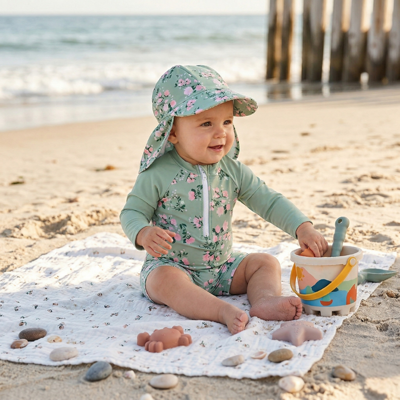 Maillot de Bain Bébé Fille avec Casquette - Rosée Verte