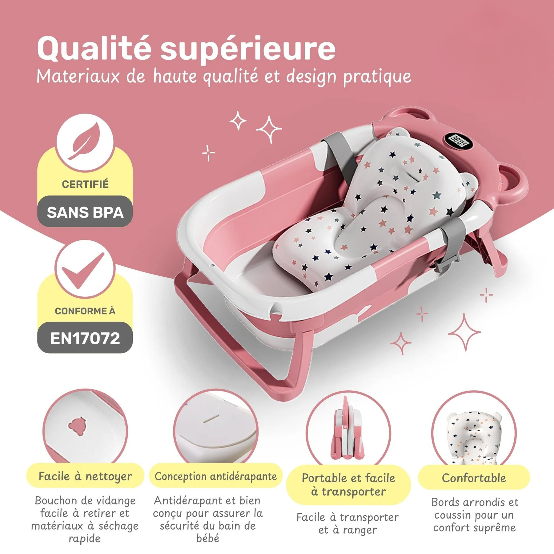 Baignoire Bébé Pliable avec Coussin et Thermomètre