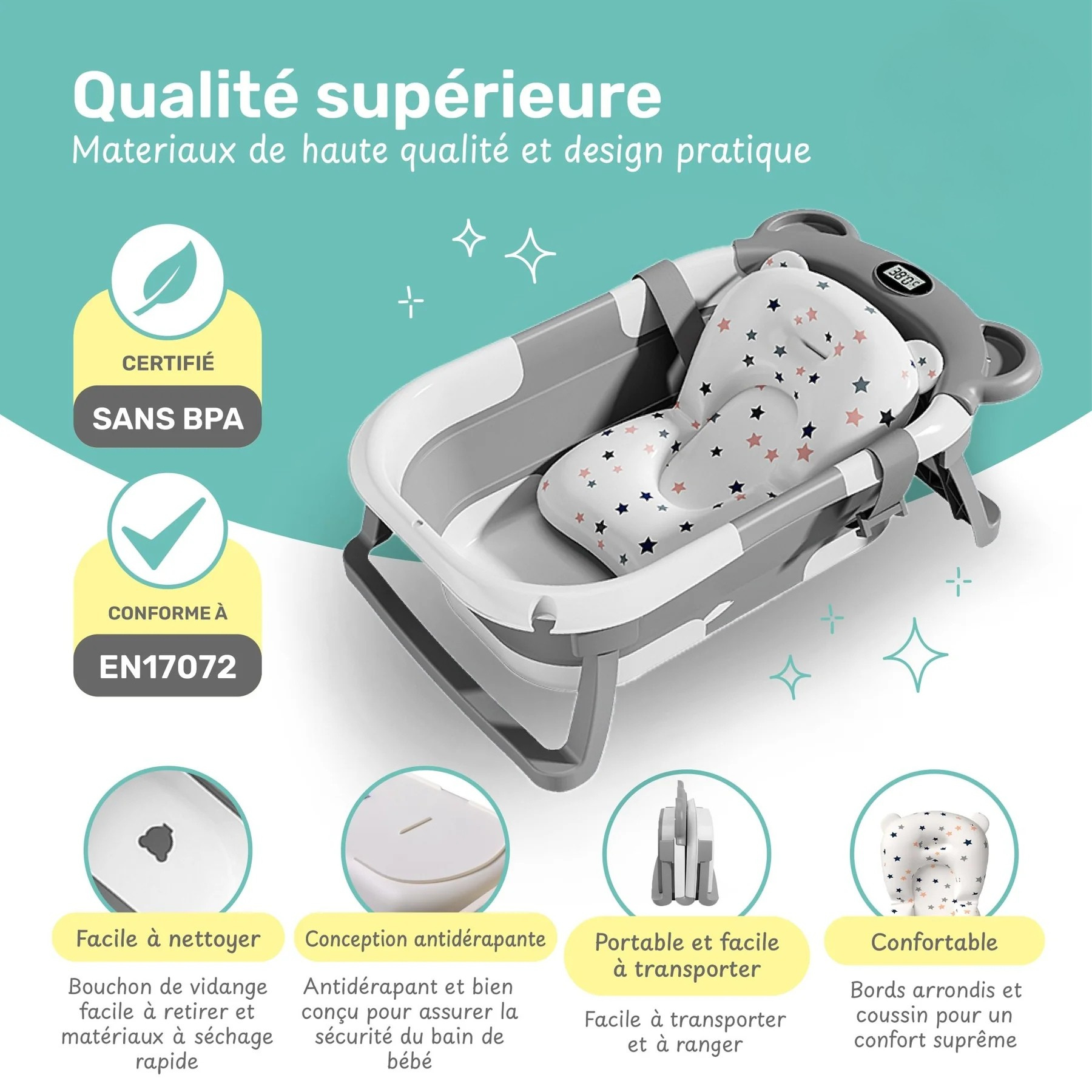 Baignoire Bébé Pliable avec Coussin et Thermomètre
