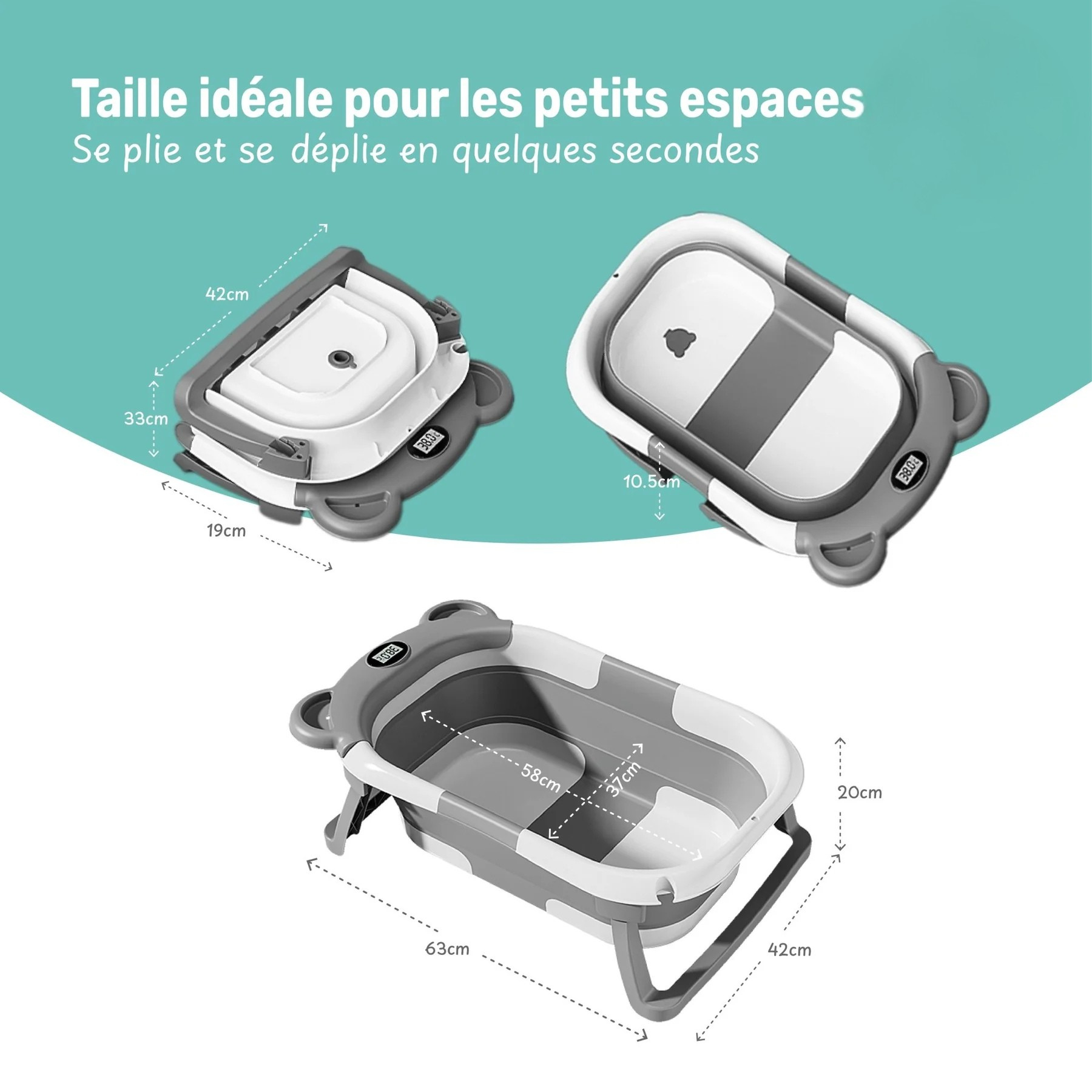 Baignoire Bébé Pliable avec Coussin et Thermomètre