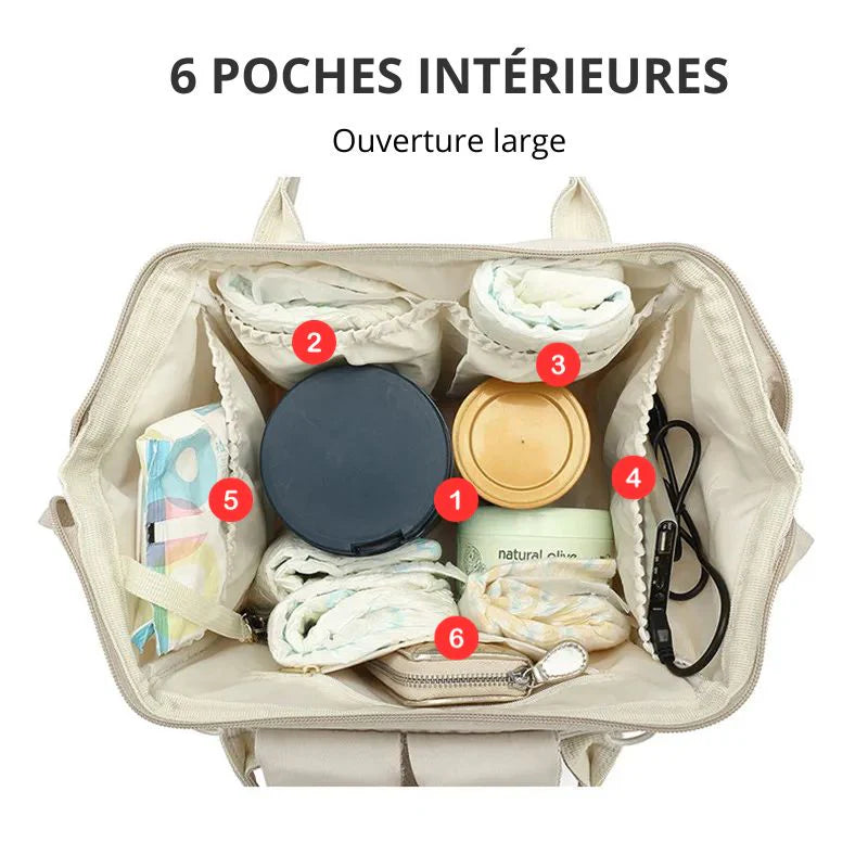 Intérieur du sac à langer Nora™ – grands compartiments de rangement
