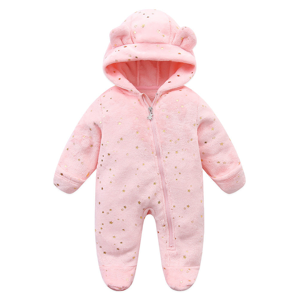 Combinaison bébé polaire à capuche ourson rose à étoiles dorées