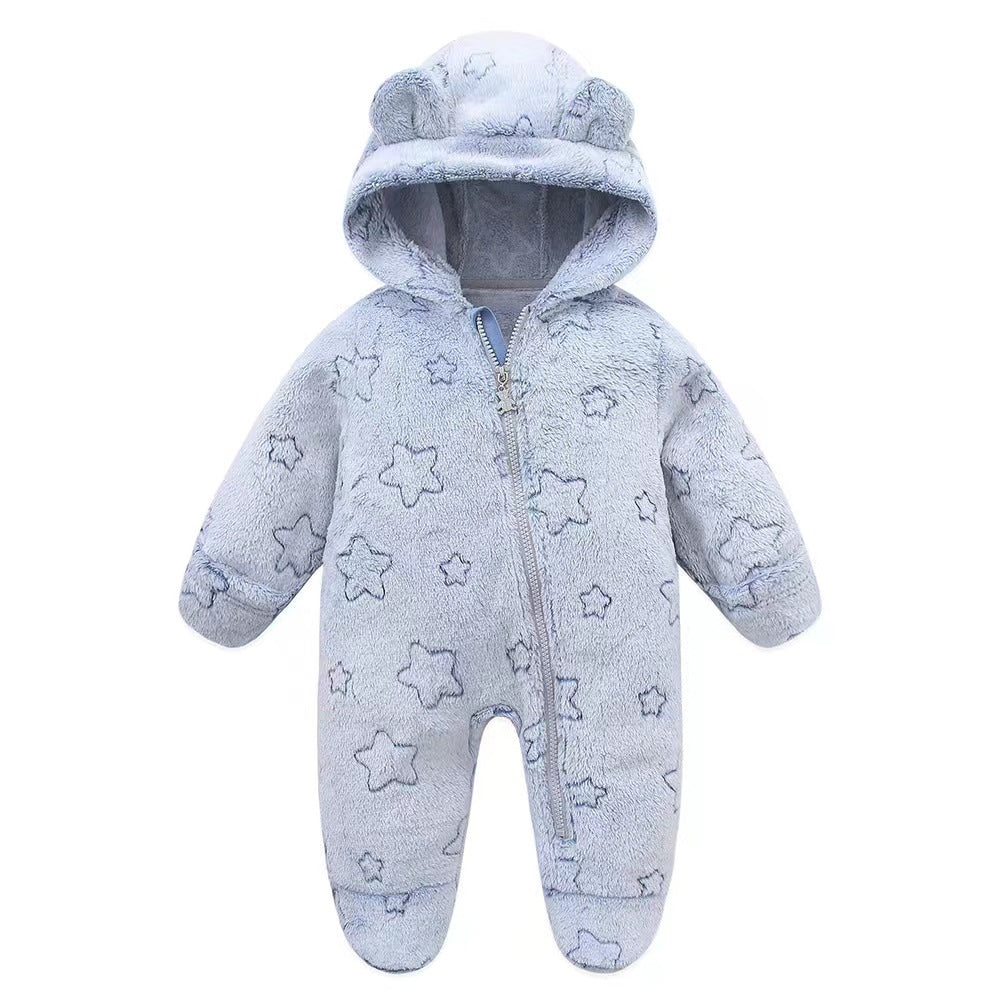 Combinaison bébé polaire bleu ciel à étoiles ton sur ton et capuche ourson