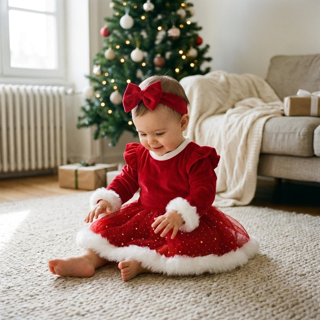 Bébé en robe barboteuse de Noël rouge à tutu et bandeau, assise au pied du sapin