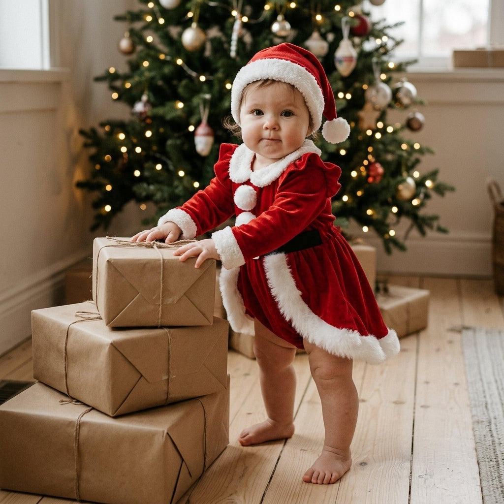Robe Barboteuse Bébé Mère Noël en Velours avec Bonnet – 1-18 mois