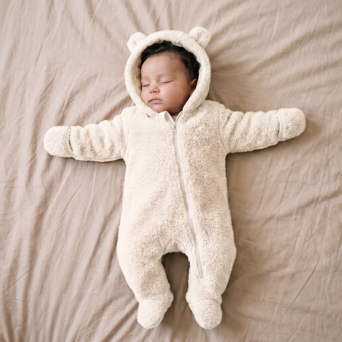 Bébé endormi dans une combinaison bébé polaire peluche blanc lait à capuche ourson