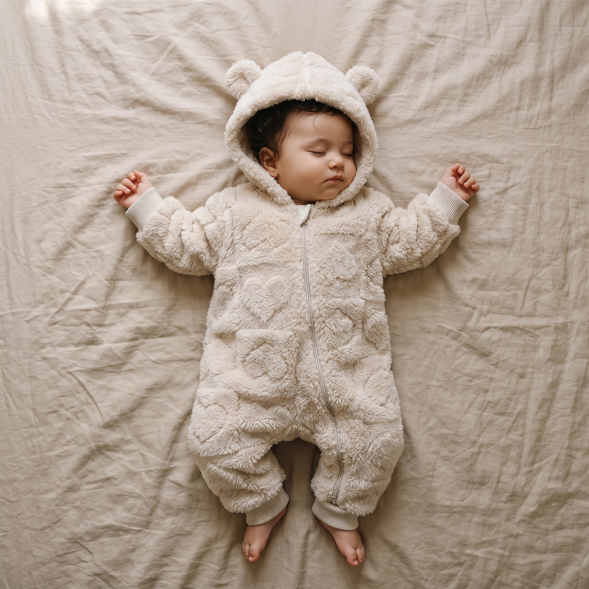 Bébé endormi dans une combinaison bébé polaire doublée sherpa beige à capuche ourson