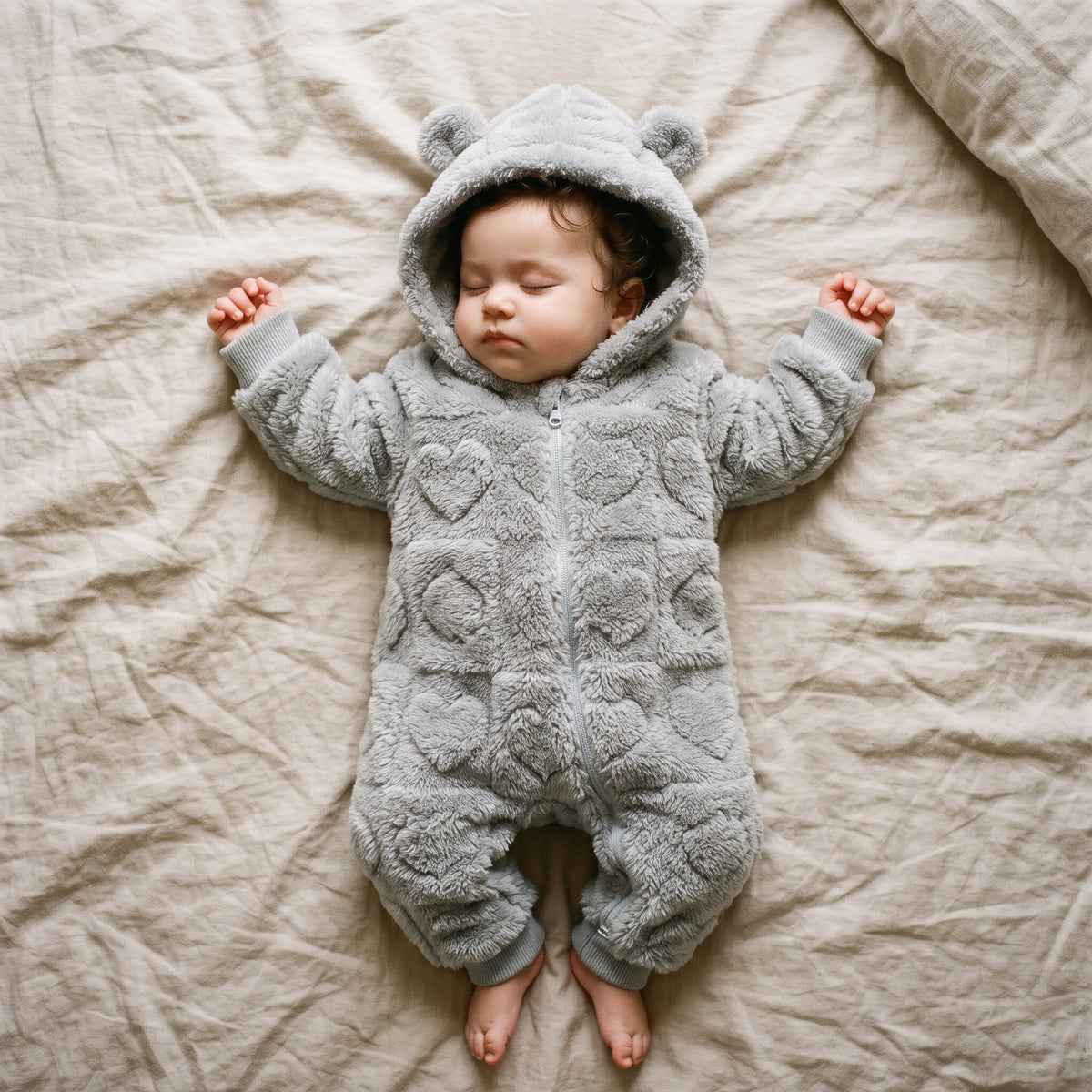 Bébé endormi dans une combinaison bébé polaire doublée sherpa gris clair à capuche ourson