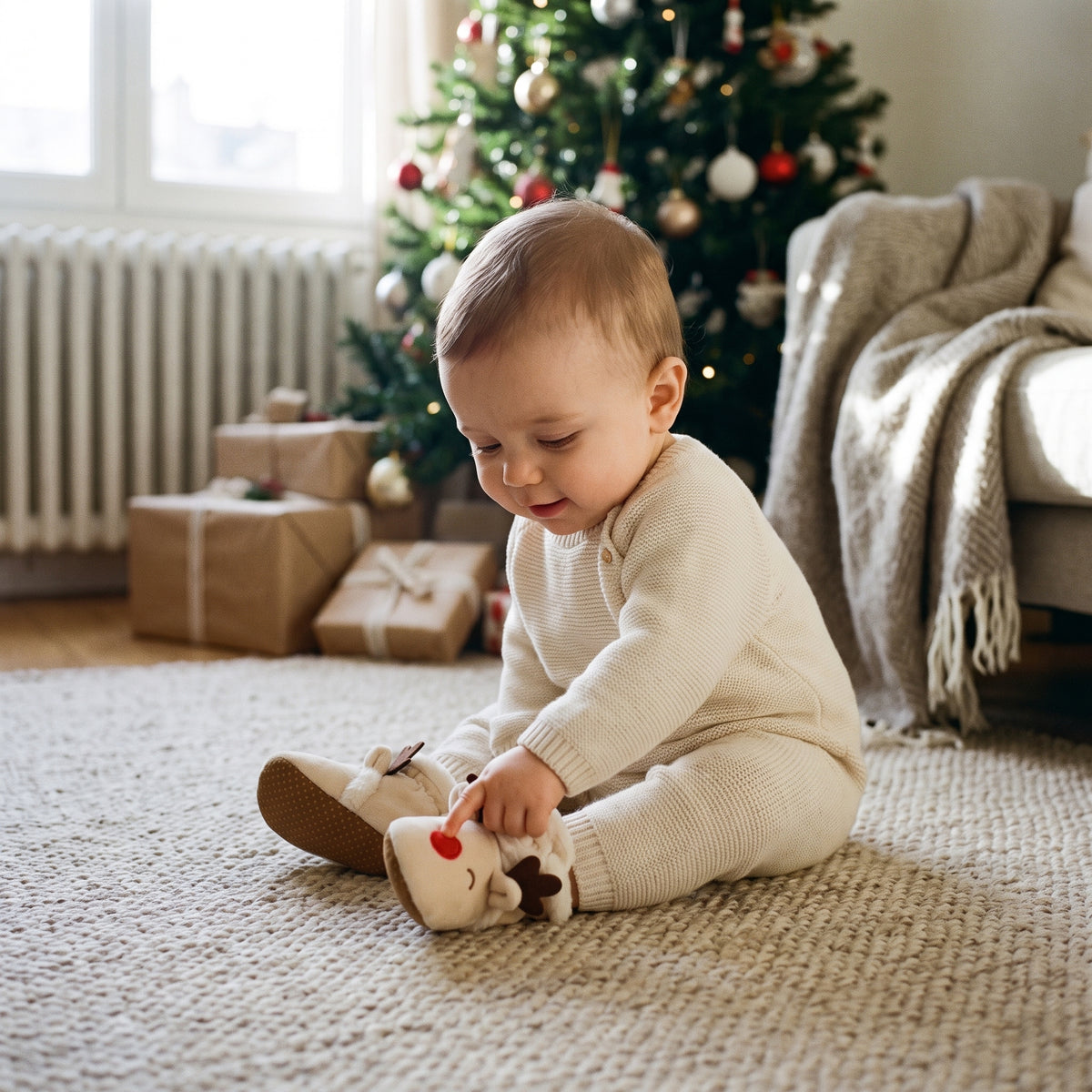 Bébé assis qui touche le nez rouge de ses chaussons de Noël fourrés