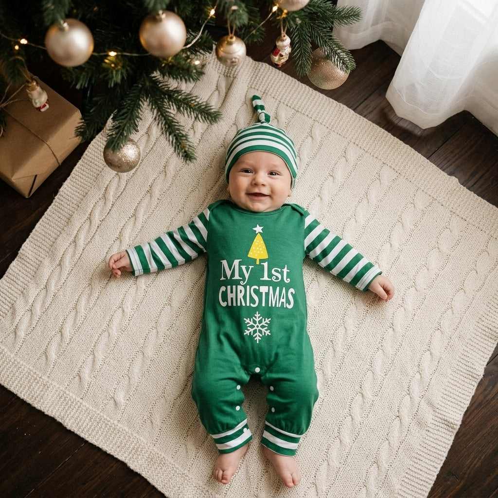 Combinaison Bébé Premier Noël Rayée avec Bonnet – 0-18 mois