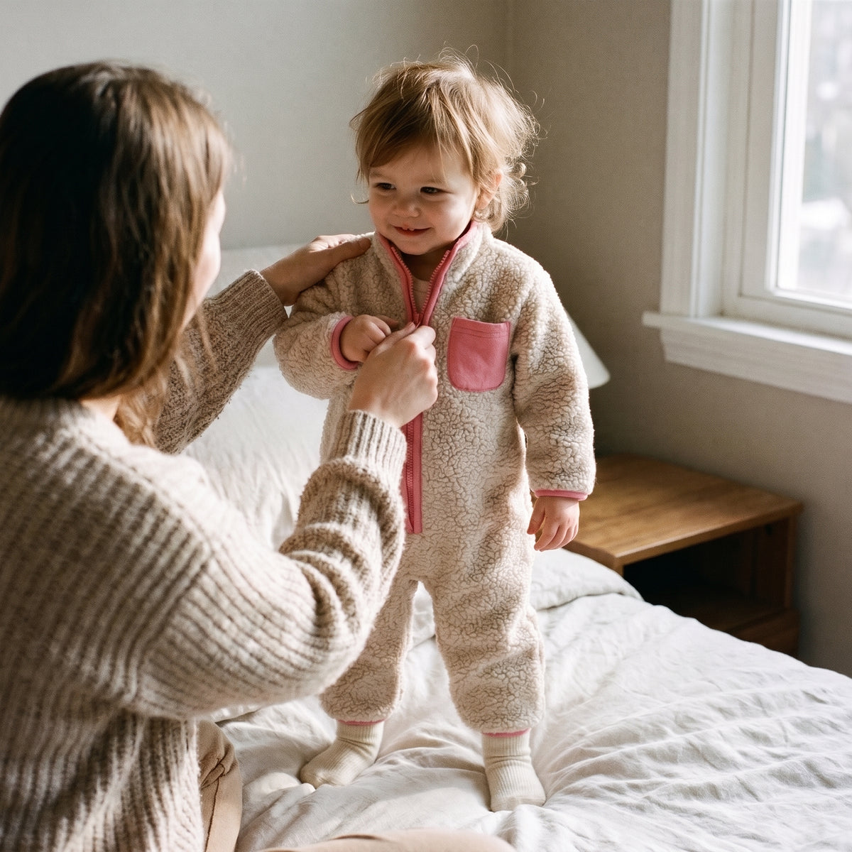 Enfant en combinaison polaire crème, sa maman ferme le zip