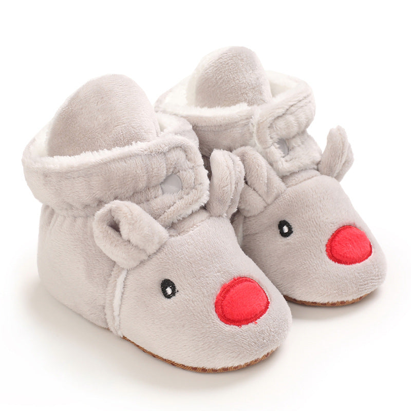 Chaussons bébé de Noël souris grise à nez rouge, fourrés à pressions