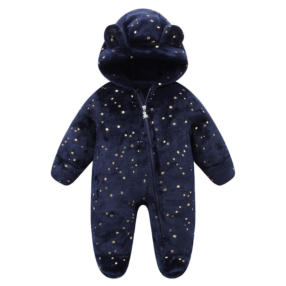 Combinaison bébé polaire à capuche ourson bleu marine à étoiles dorées, pieds fermés
