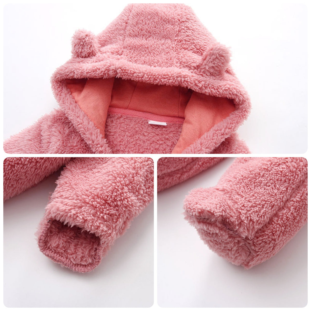 Détails de la combinaison bébé polaire peluche : capuche doublée à oreilles d&