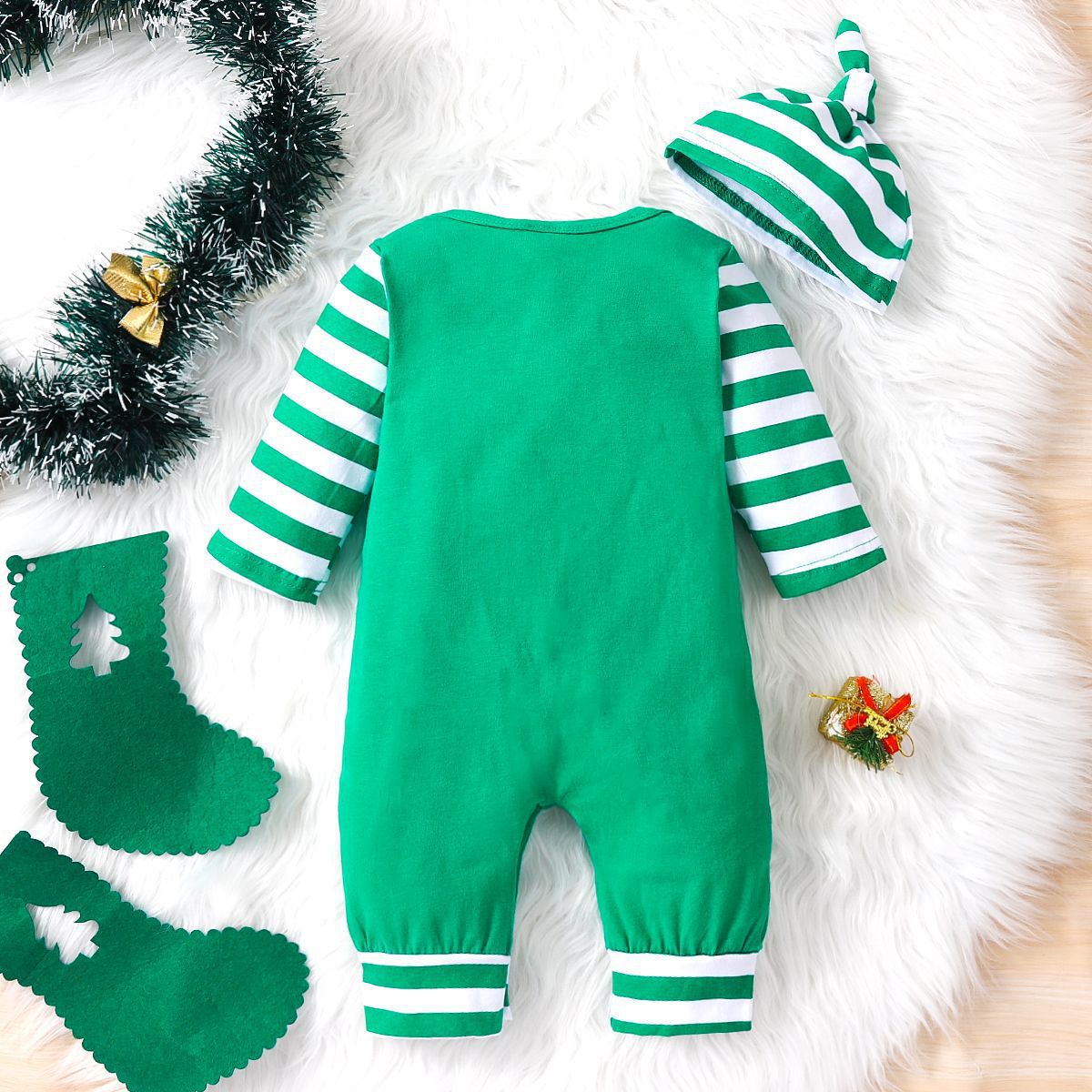 Dos de la combinaison bébé de Noël verte à manches rayées