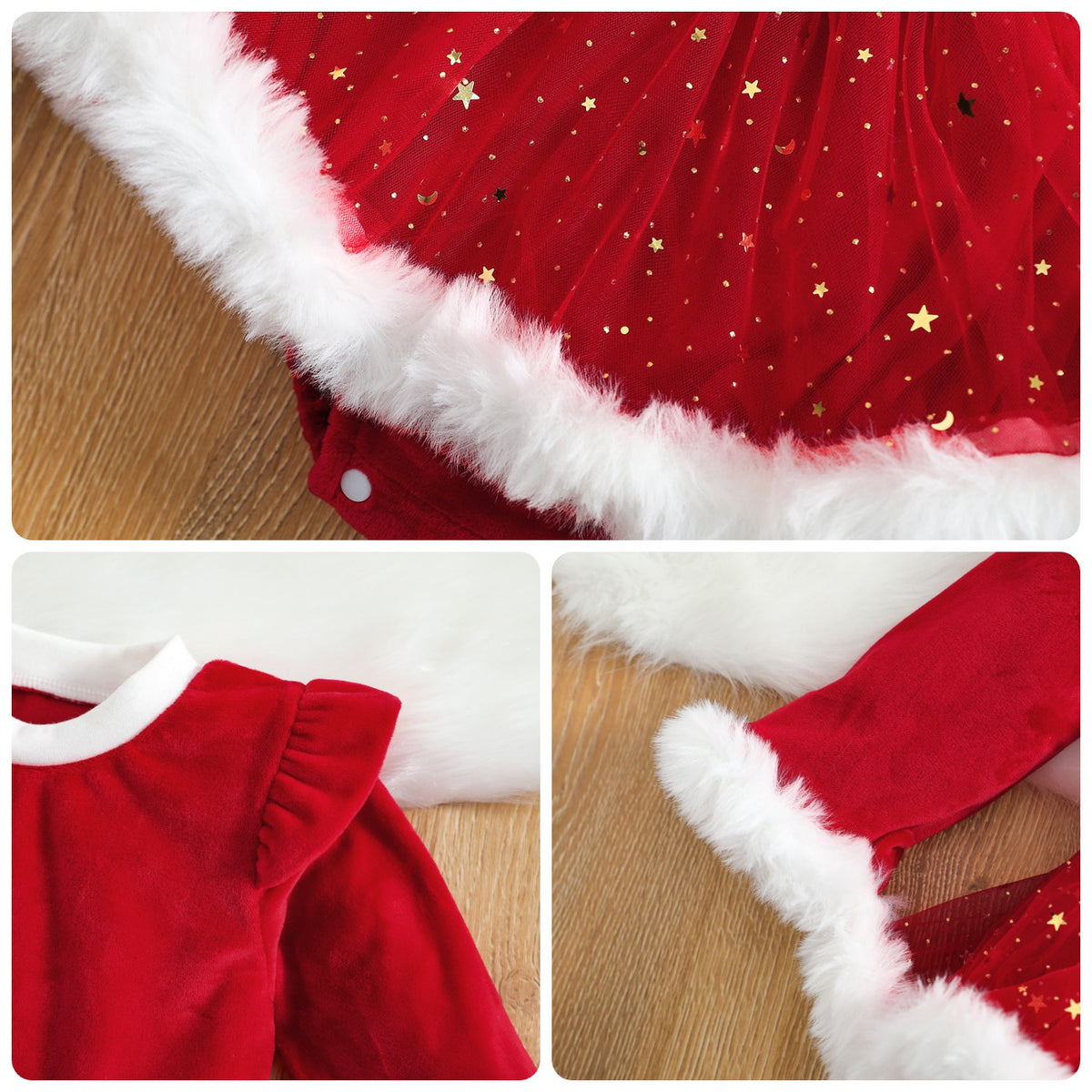 Détails de la robe barboteuse bébé Noël : tulle à étoiles dorées, col et volants, poignet en fausse fourrure