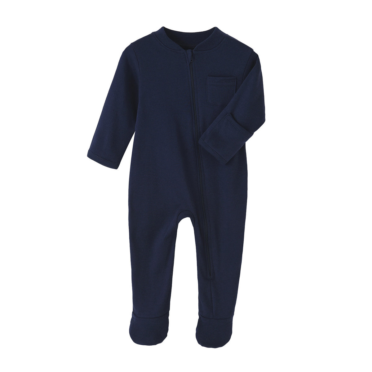 Grenouillère bébé zippée à pieds fermés bleu marine, sous-couche de ski