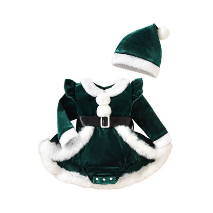 Robe Barboteuse Bébé Mère Noël en Velours avec Bonnet – 1-18 mois