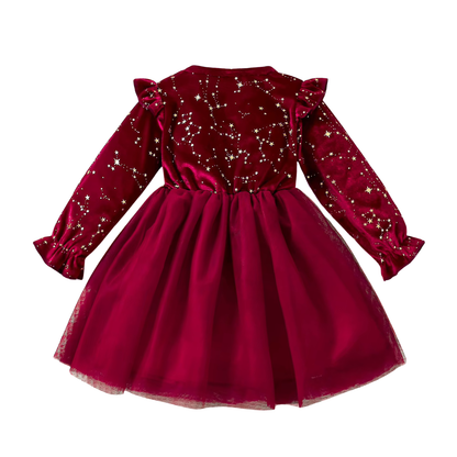 Robe de Noël Fille en Velours à Étoiles Dorées et Tulle – 1-8 ans