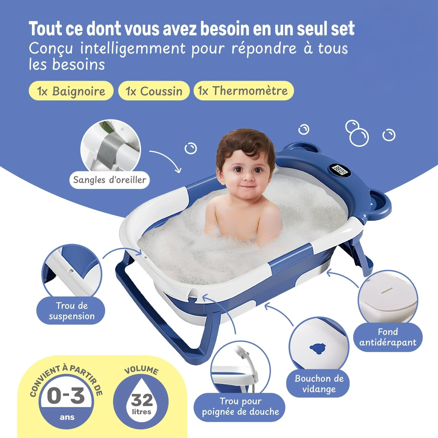 Baignoire Bébé Pliable avec Coussin et Thermomètre