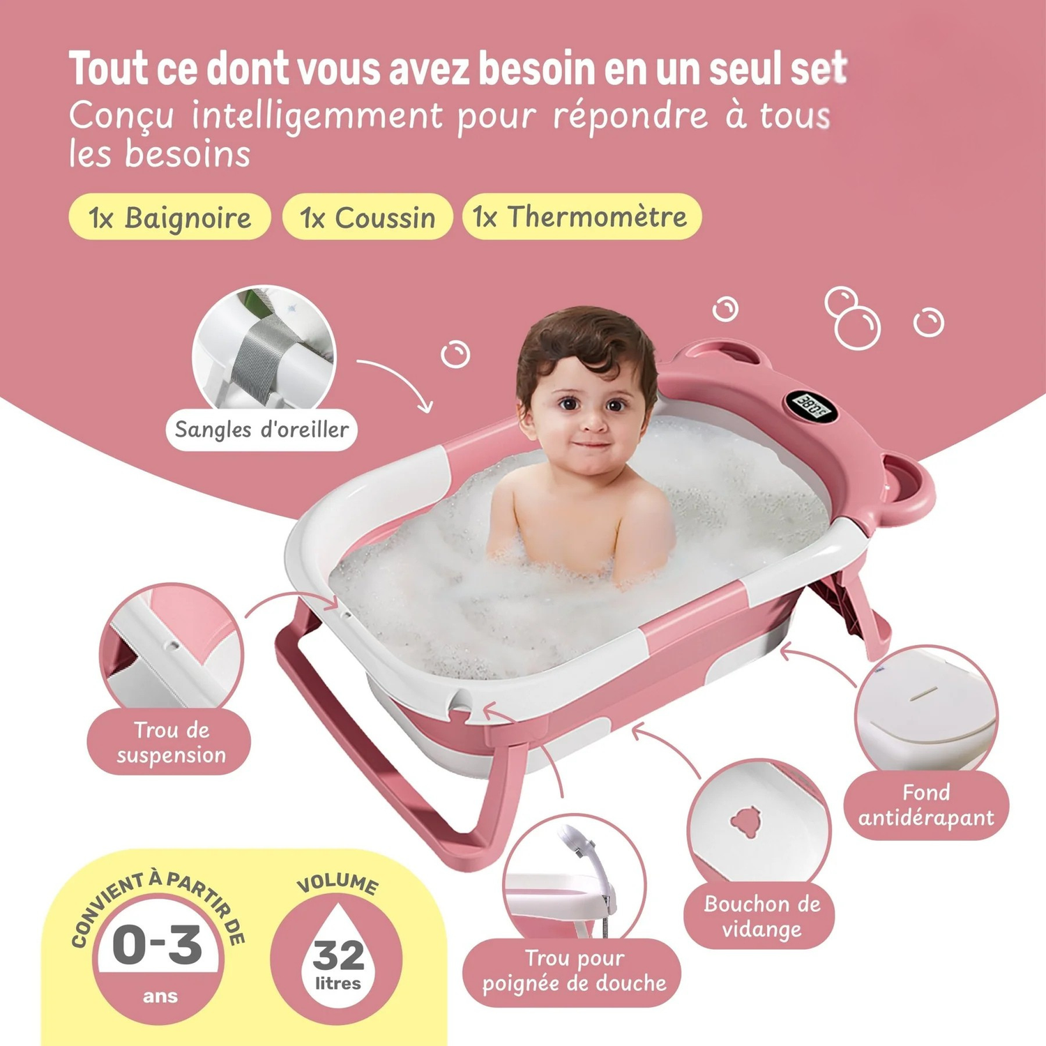 Baignoire Bébé Pliable avec Coussin et Thermomètre
