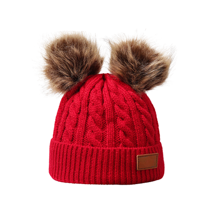 Bonnet bébé hiver maille double pompons coloris rouge