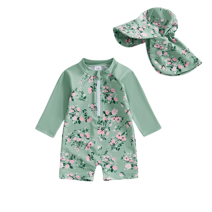 Maillot de Bain Bébé Fille avec Casquette - Rosée Verte