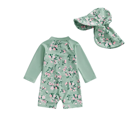 Maillot de Bain Bébé Fille avec Casquette - Rosée Verte