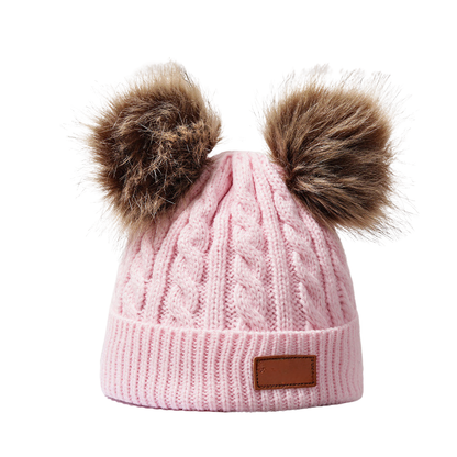 Bonnet bébé hiver maille double pompons coloris rose