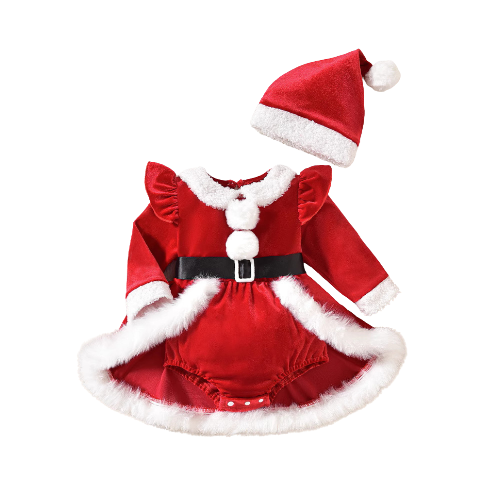 Robe Barboteuse Bébé Mère Noël en Velours avec Bonnet – 1-18 mois