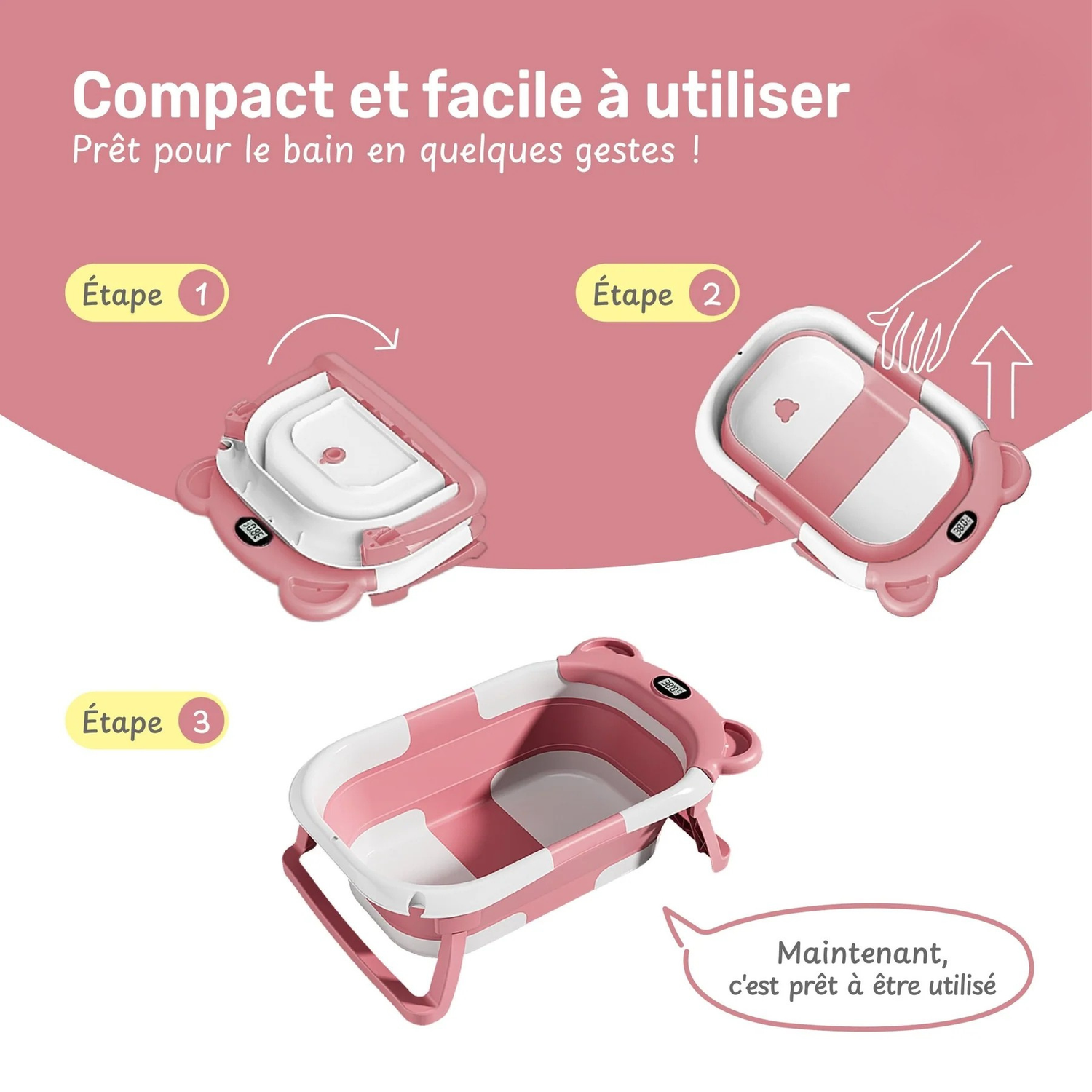 Baignoire Bébé Pliable avec Coussin et Thermomètre