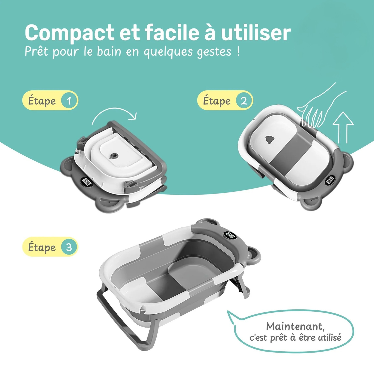 Baignoire Bébé Pliable avec Coussin et Thermomètre