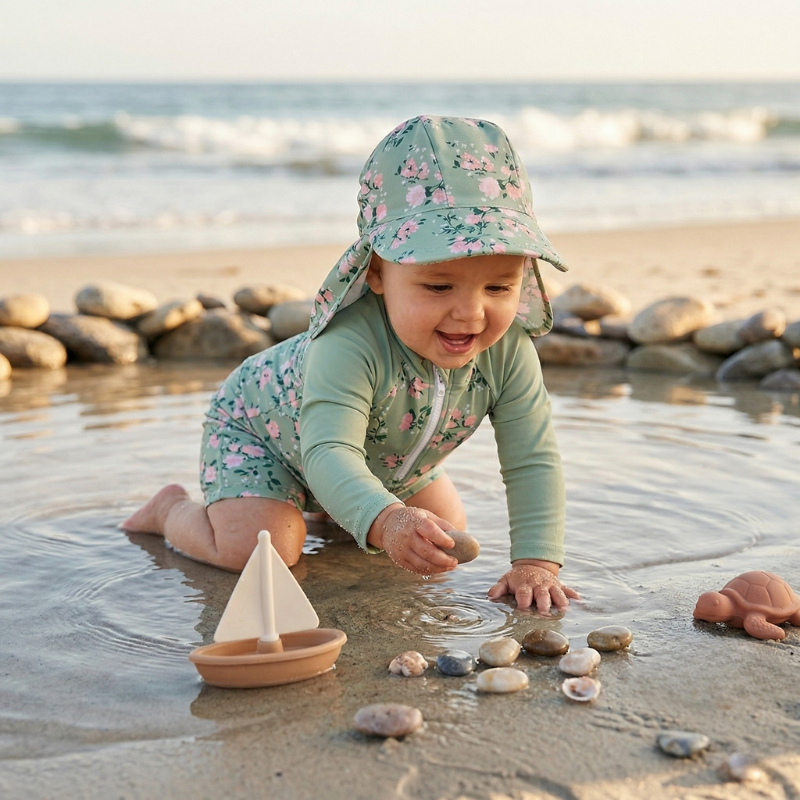 Maillot de Bain Bébé Fille avec Casquette - Rosée Verte