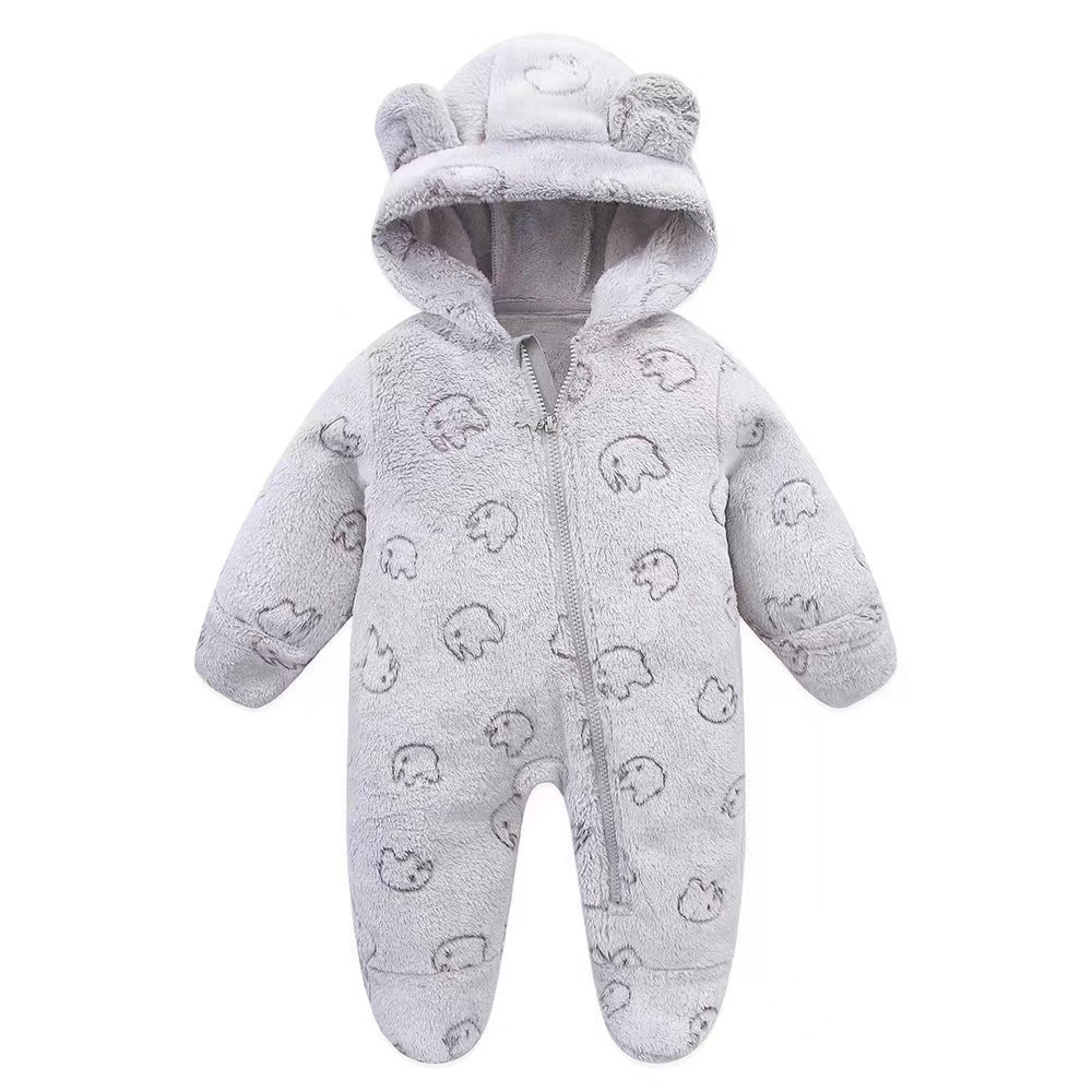 Combinaison bébé polaire grise à éléphants ton sur ton et capuche ourson