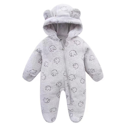 Combinaison bébé polaire grise à éléphants ton sur ton et capuche ourson