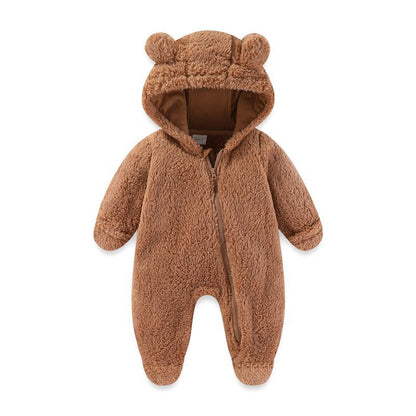 Combinaison bébé polaire peluche marron à capuche oreilles d&
