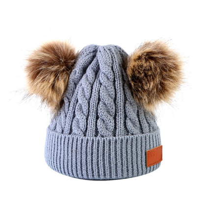Bonnet bébé hiver maille double pompons coloris gris