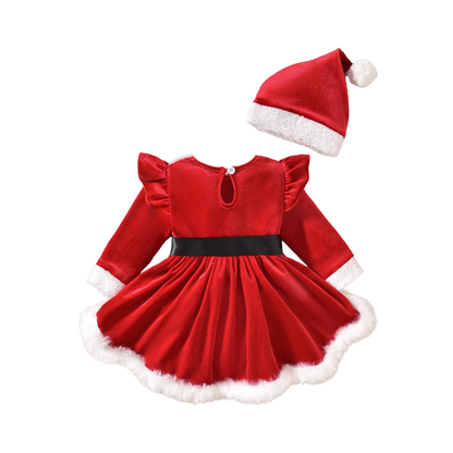 Robe Barboteuse Bébé Mère Noël en Velours avec Bonnet – 1-18 mois