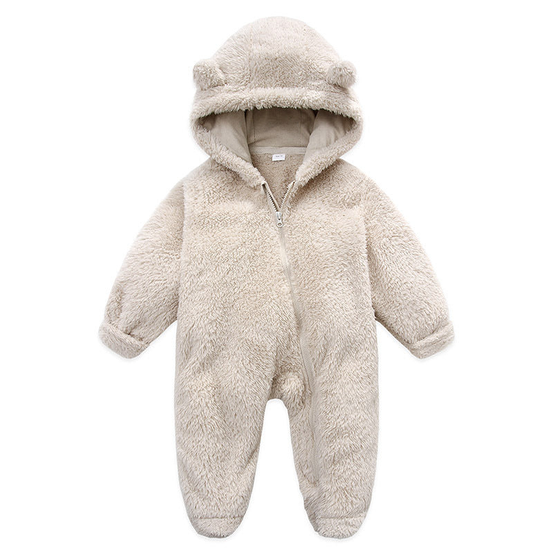 Combinaison bébé polaire peluche beige à capuche oreilles d&