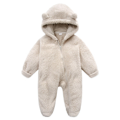 Combinaison bébé polaire peluche beige à capuche oreilles d&