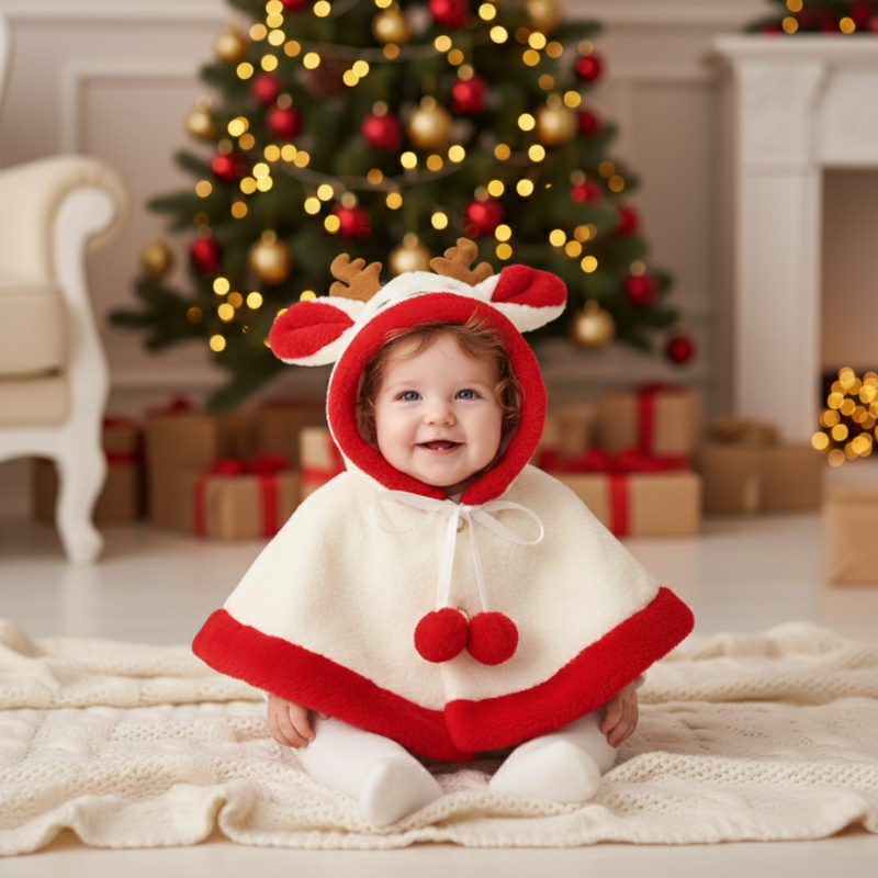 Manteau Bébé Cerf Polaire en Fausse Fourrure avec Pompons
