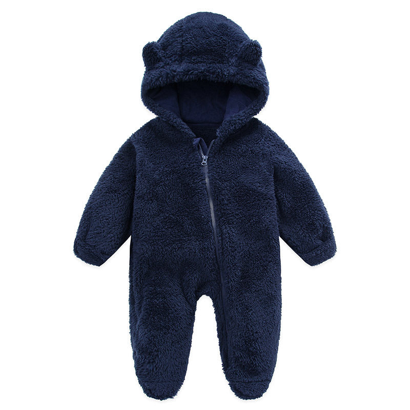 Combinaison bébé polaire peluche bleu marine à capuche oreilles d&
