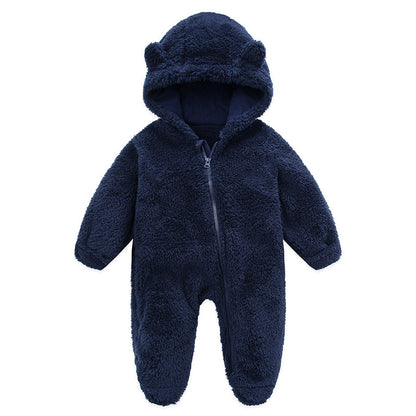 Combinaison bébé polaire peluche bleu marine à capuche oreilles d&