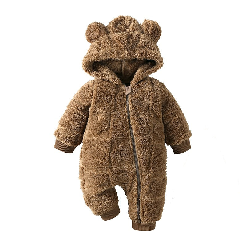 Combinaison bébé polaire doublée sherpa marron à capuche oreilles d&