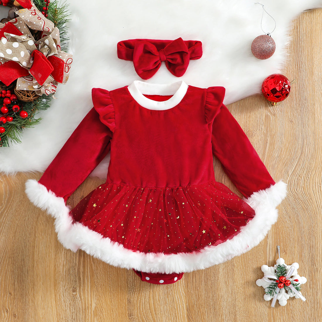 Robe barboteuse bébé Noël rouge à tutu pailleté et fausse fourrure, avec bandeau à nœud