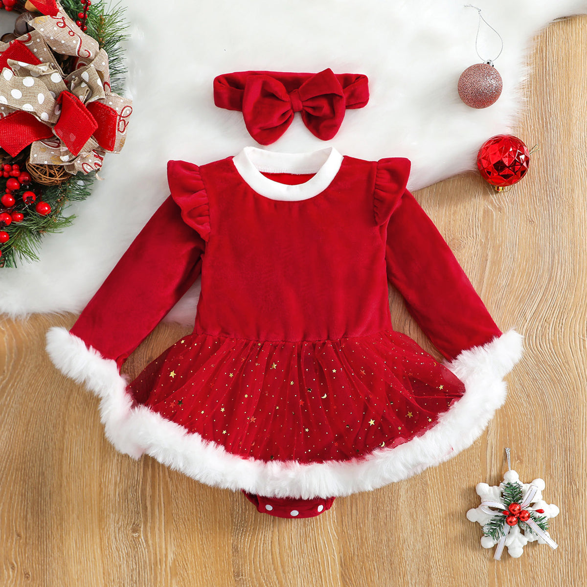 Robe barboteuse bébé Noël rouge à tutu pailleté et fausse fourrure, avec bandeau à nœud